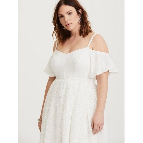 Torrid White Hem Skater Lace Chiffon Ruffle Cold Shoulder Dress Size 26 4X - Picture 2 of 5